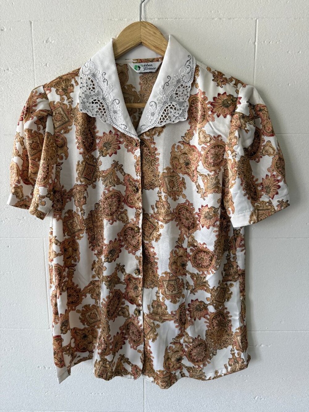 Vintage | Royal Baroque Gold Embroidered Collar Short Sleeve Blouse | Medium